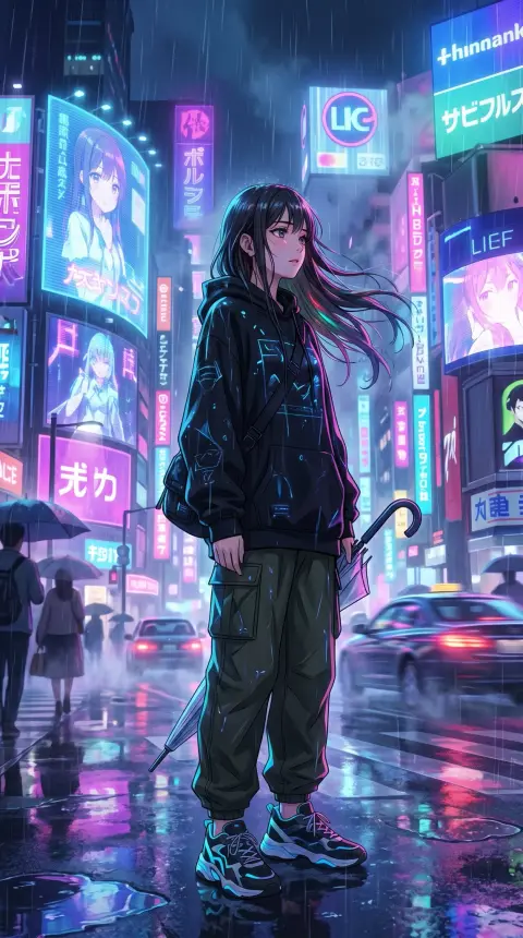 Cyberpunk style girl on the street in neon rainy night