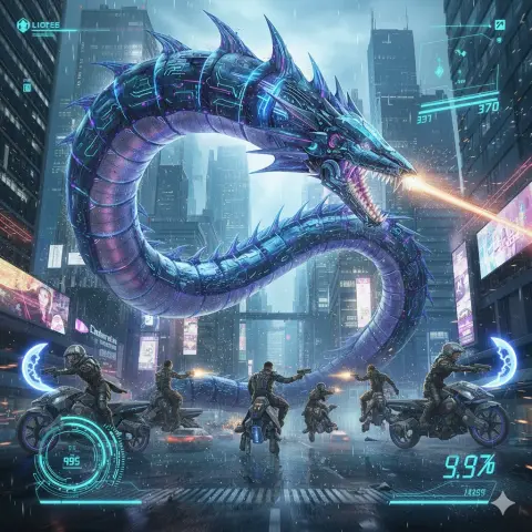 Cyberpunk-style nine-person battle against Leviathan’s summoned beast