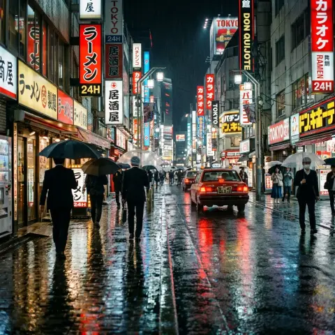 Cyberpunk style Tokyo rainy night neon streets