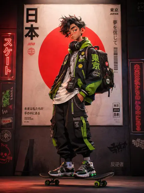Cyberpunk Tokyo street cool skateboard girl portrait