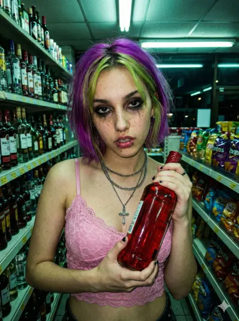 Dangerous punk girl in a convenience store late at night