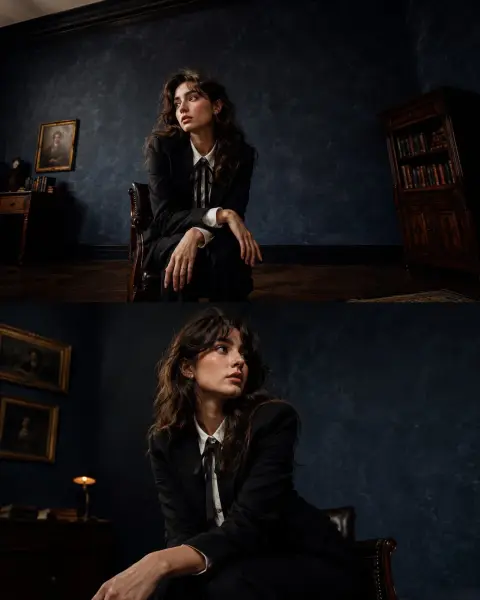 Dark college style cinematic wide angle retro portrait