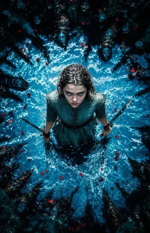 Dark fantasy looking down at the determined female warrior in the water