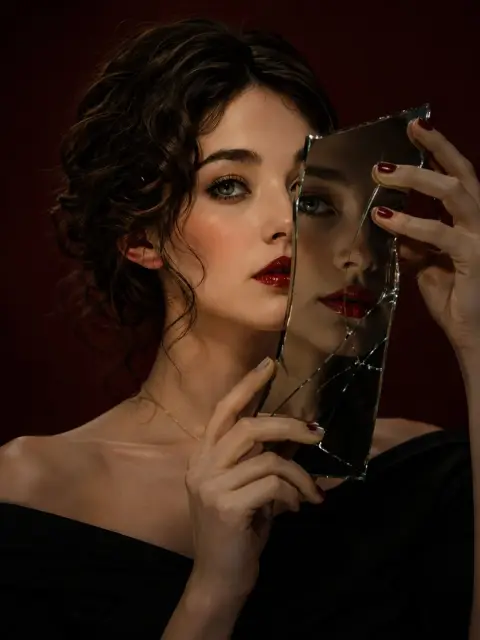 Dark luxury beauty broken mirror portrait photography