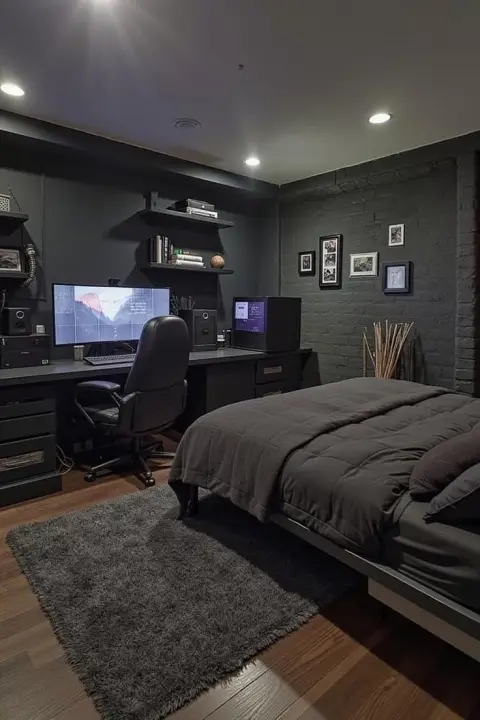 Dark modern gaming bedroom and workspace interior photography
