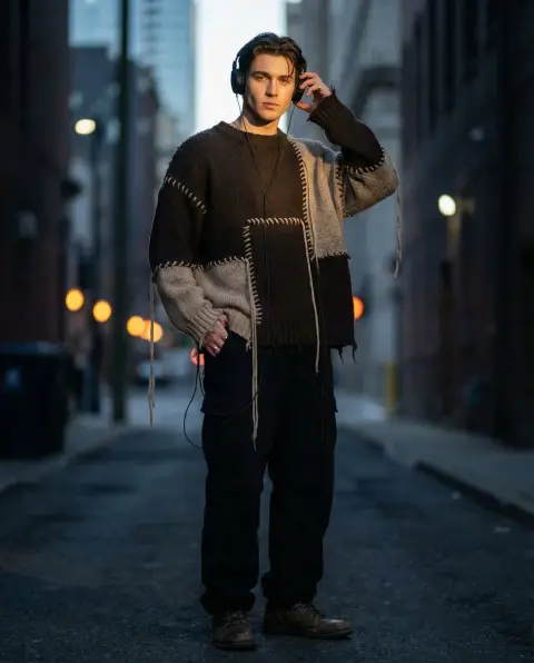 Dark-toned street boy wearing headphones in avant-garde outfit photo