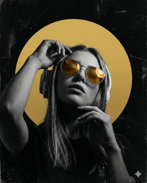 Dark underground style gold mirror girl with headphones high contrast poster