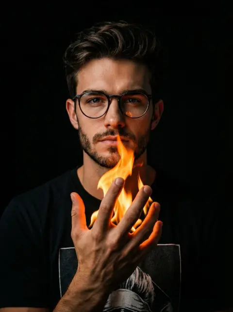 Darkly cinematic portrait of Void Palm Flame