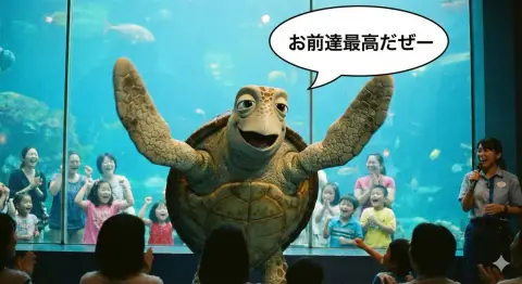 Disney style sea turtle cheering with its fins raised