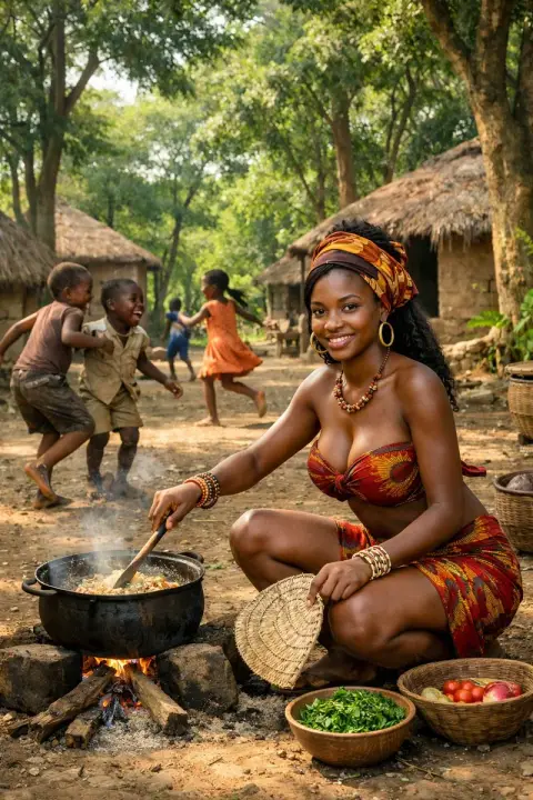 Documentary of African women cooking in front of three-stone stove
