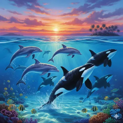 Dolphins and killer whales in the dreamy sea of ​​stars