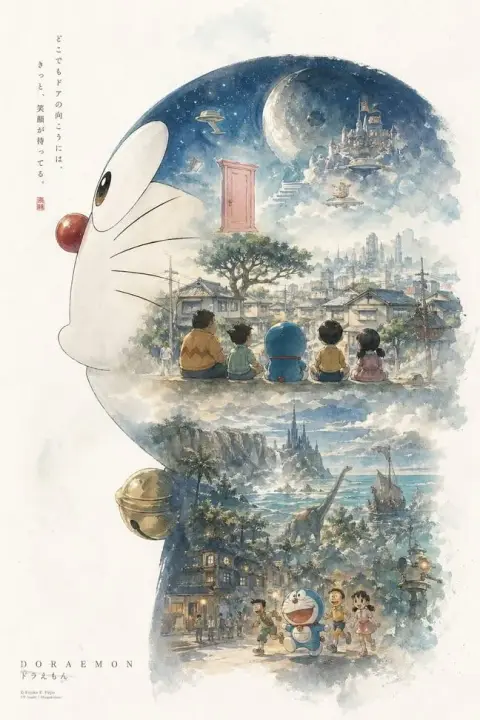 Doraemon head silhouette dreamy layered watercolor illustration