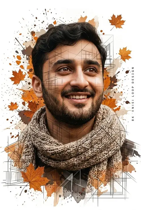 Double exposure art poster with flying autumn leaves