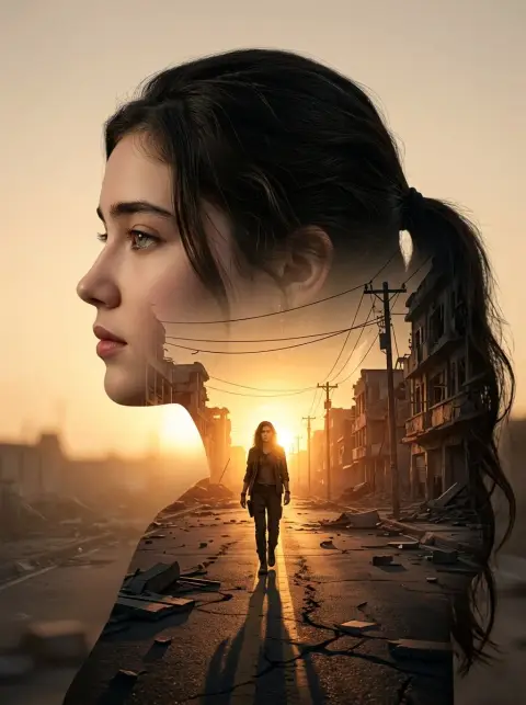 Double exposure profile portrait in the afterglow of ruins