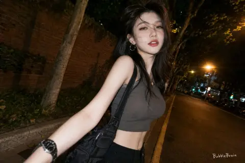 Douyin style night scene flash light street hot girl selfie