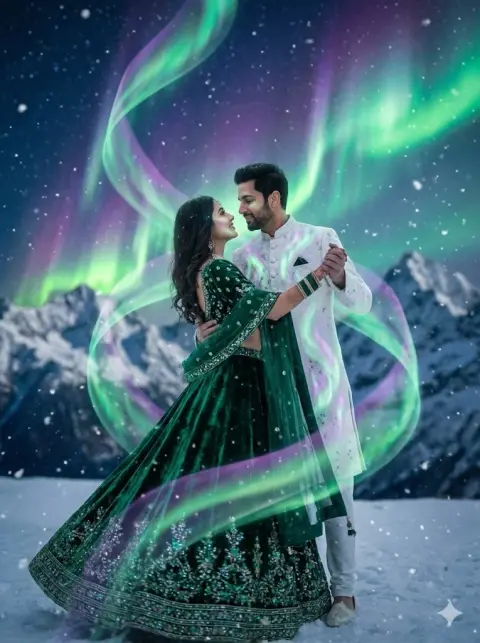 Dreamy Aurora Wedding Dance under the Himalayan Snow Mountains