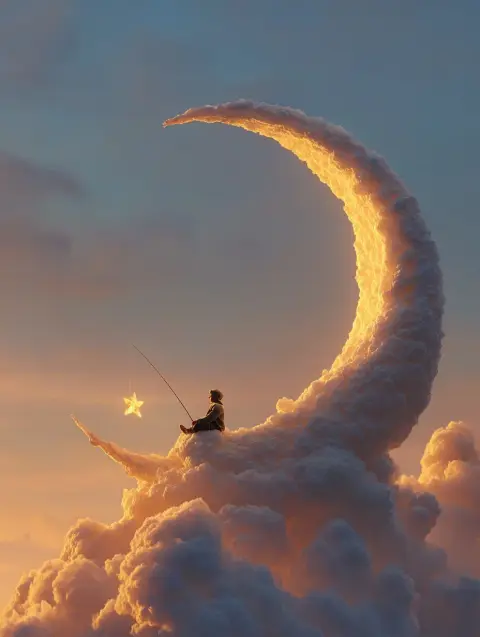 Dreamy Crescent Moon Fantasy Art in the Clouds