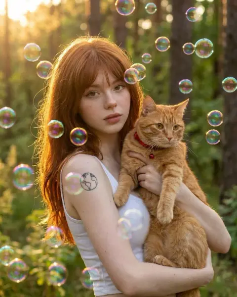 Dreamy girl and orange cat Bubbles under the golden light of the forest