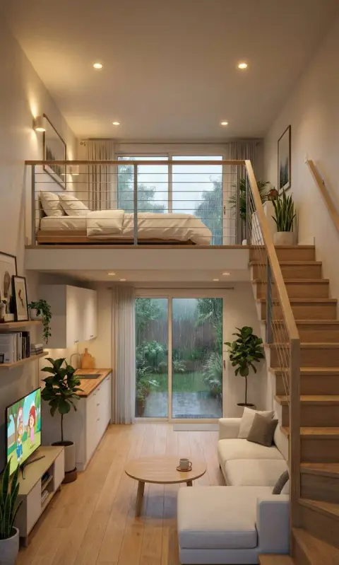 Duplex apartment with warm light inside due to heavy rain outside the window