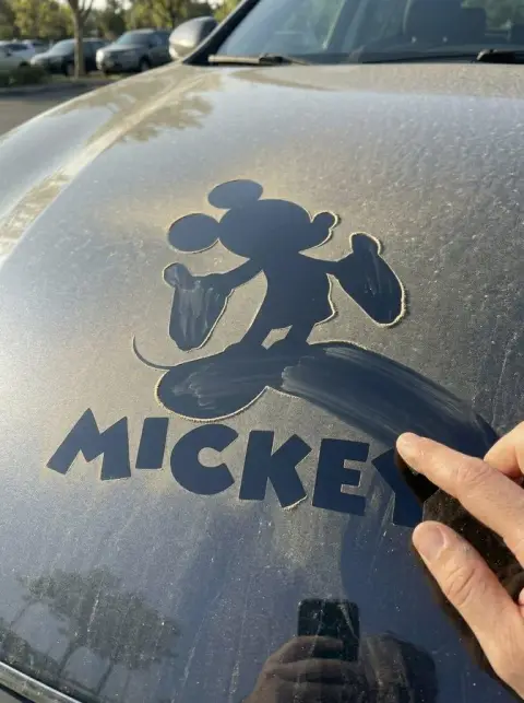 Dust on the hood creates a realistic logo