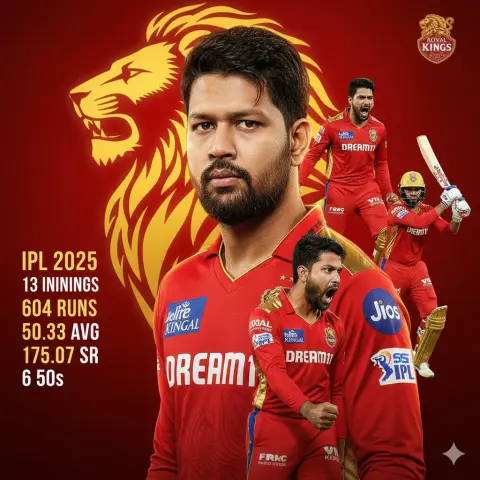 Dynamic composite poster of cricket superstar on red lion background