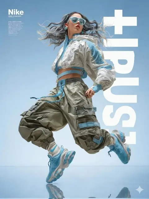 Dynamic high-end fashion girl leaps in the air