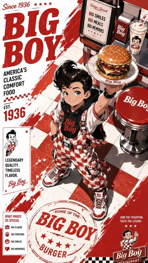 Dynamic Japanese cartoon style fast food trendy brand mascot poster