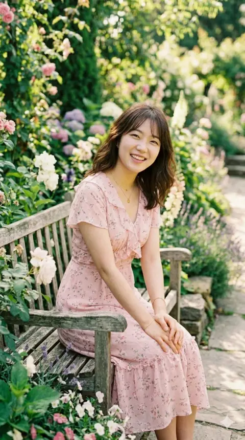 East Asian girl in pink floral skirt in sunny garden