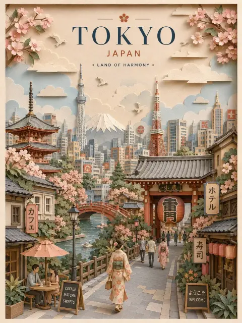 Elegant 3D layered paper cut style city travel poster