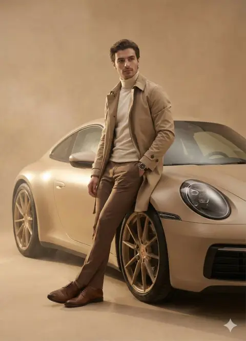 Elegant and fashionable young man next to luxury car under desert light and shadow
