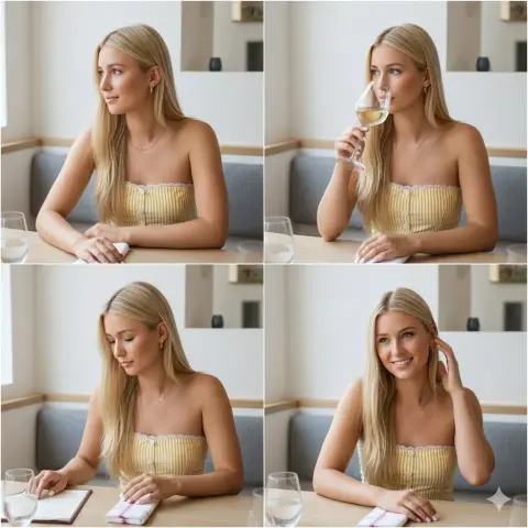 Elegant blonde woman having wine tasting time in bright summer restaurant