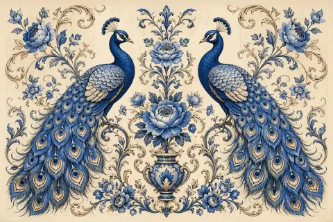 Elegant blue peacock symmetrical floral decorative illustration