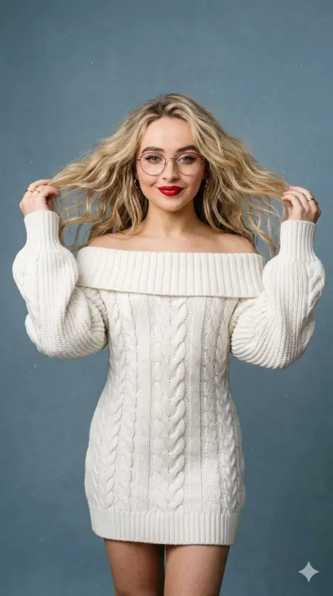 Elegant fashion studio portrait in white knitted dress