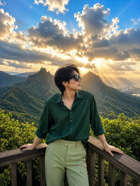 Elegant Japanese female cinematic travel portrait on a mountain observation deck