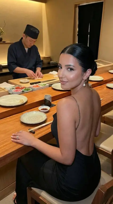 Elegant looking back portrait in luxury sushi bar