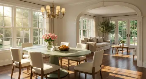 Elegant restaurant with sunlit arches