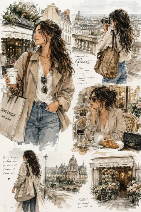 Elegant watercolor fashion illustration European travel girl