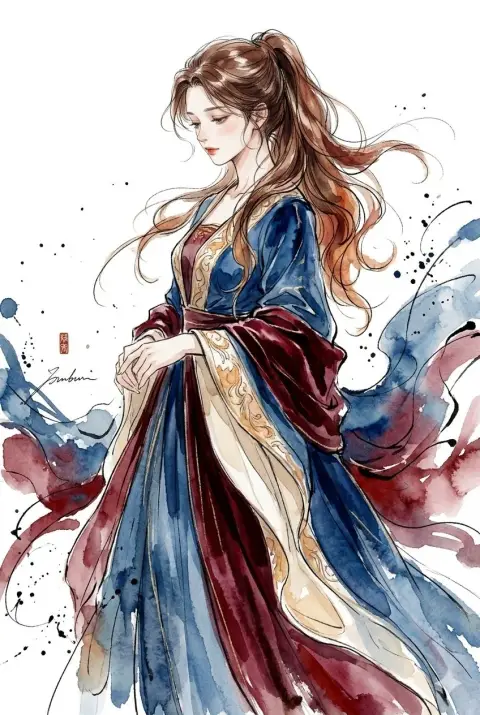 Elegant watercolor ink illustration of woman in ancient costume with long hair