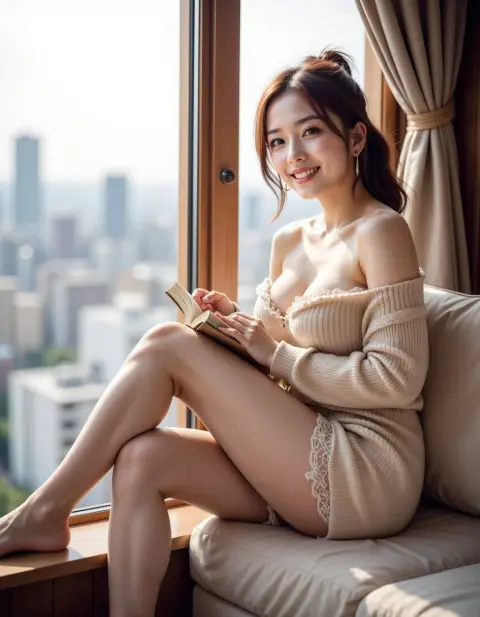 Elegant woman by the window, lazy urban street scene atmosphere