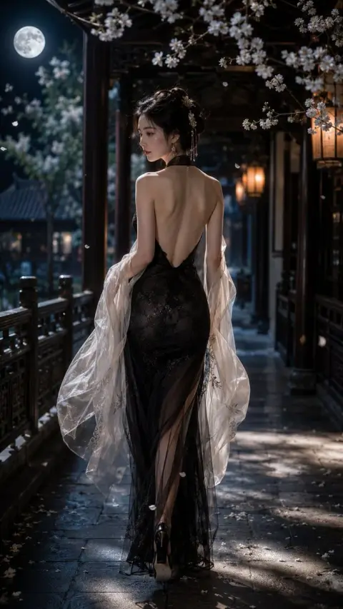 Elegant women in the classical cloister under the moonlight