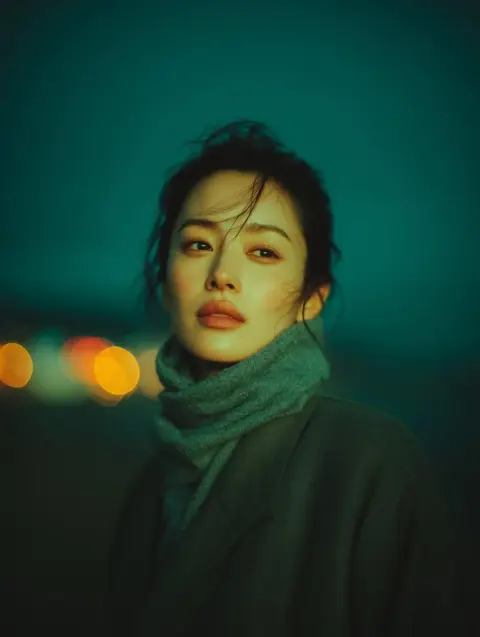 Emotional, cold-toned realistic portrait under the neon night