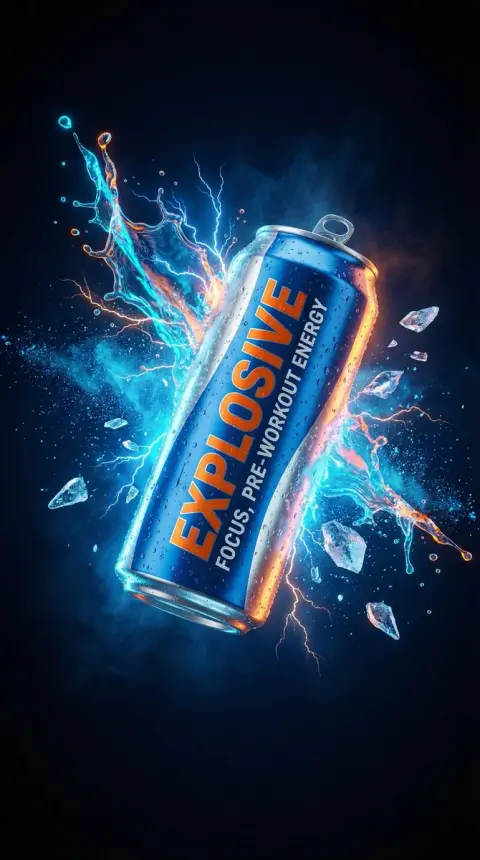 Energy drink cans surrounded by neon ice falls