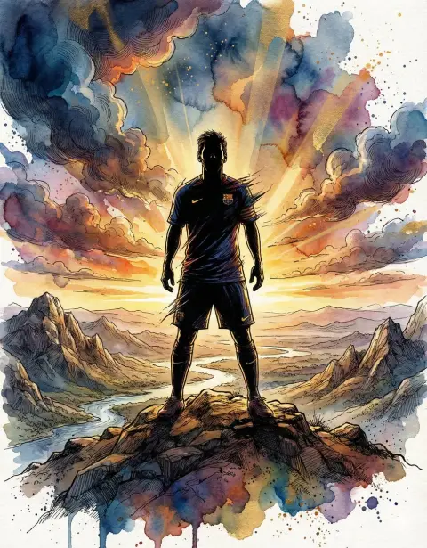 Epic ink poster of a lonely figure on the mountain top