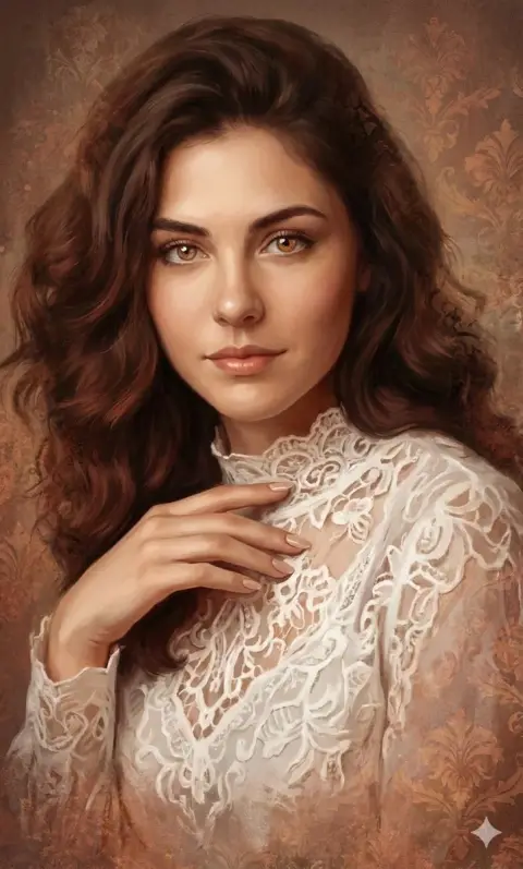 Ethereal romantic girl portrait under vintage brocade