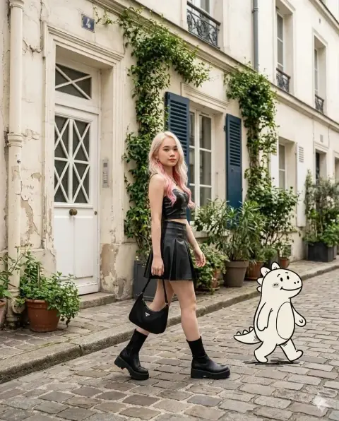 European-style street pink-haired girl and cartoon little dinosaur
