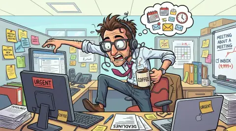 Exaggerated humorous caricature of a worker beaten in the workplace