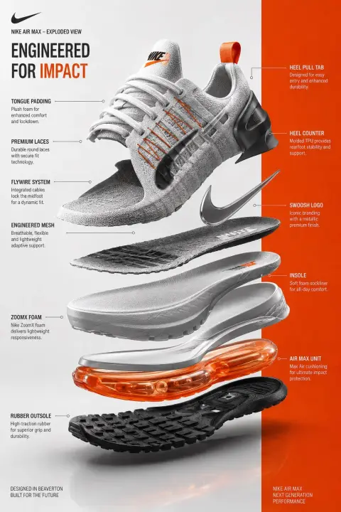 Exploded view of futuristic Nike sneaker parts