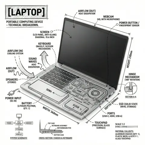 Exploded view of the internal structure of a laptop under black and white minimalist lines