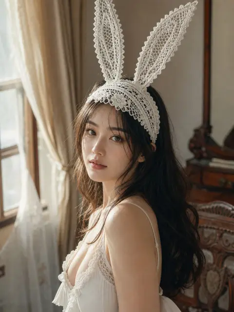 Exquisite portrait of East Asian beauty with lace rabbit ears