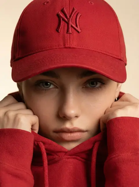 Extreme close-up of Red Hat fashion blockbuster